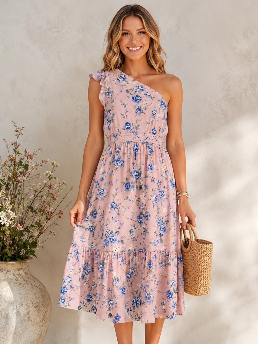 ee:some Pink Blue Floral One Shoulder Midi Dress Size M NWT